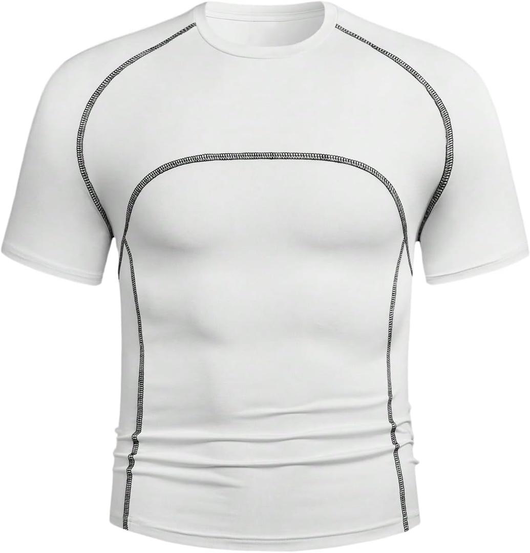 WDIRARA Men's Line Decor Slim Fit Crop T-Shirts Round Neck Short Sleeve Summer Tee Tops (White, L)
