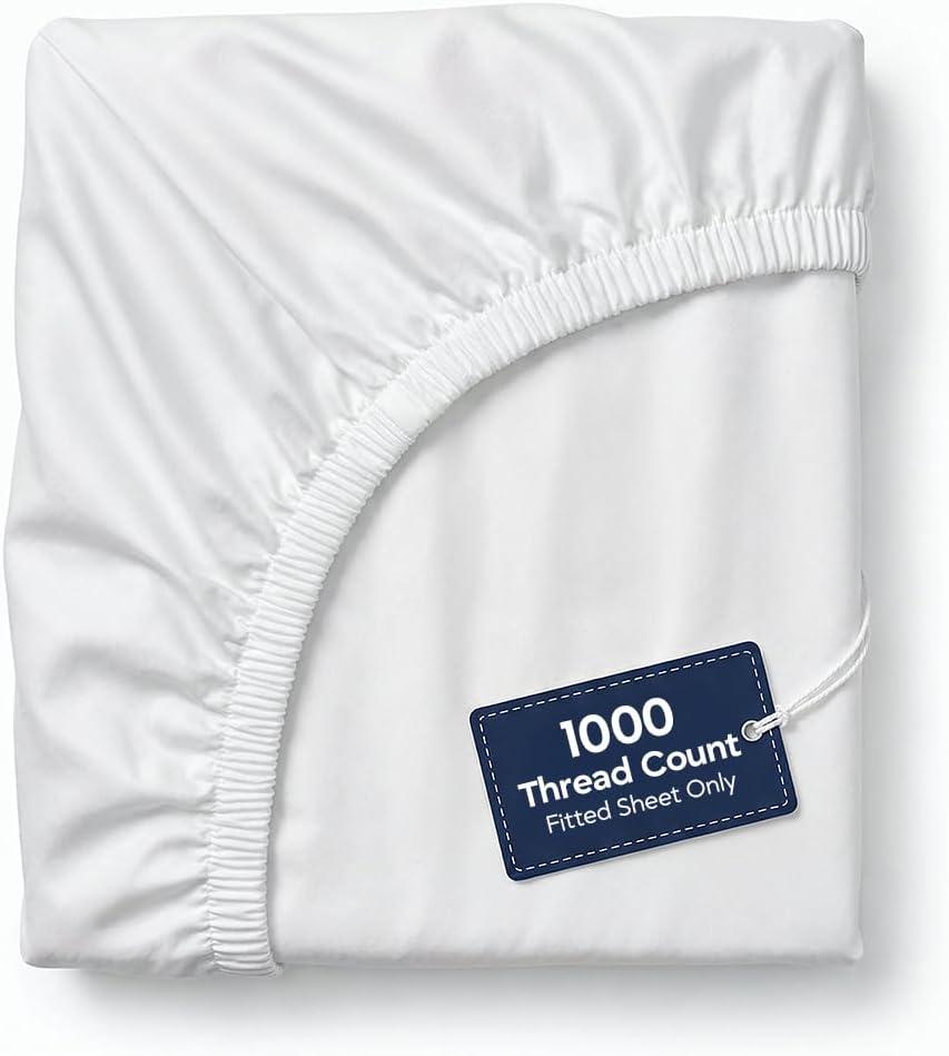 100% Egyptian Cotton Fitted Sheet Only - 1000 Thread Count Cotton Fitted Sheet, Soft, Durable, Cooling 16" Deep Pocket Sateen Weave Bottom, Luxury Hotel Quality (White, Twin XL)