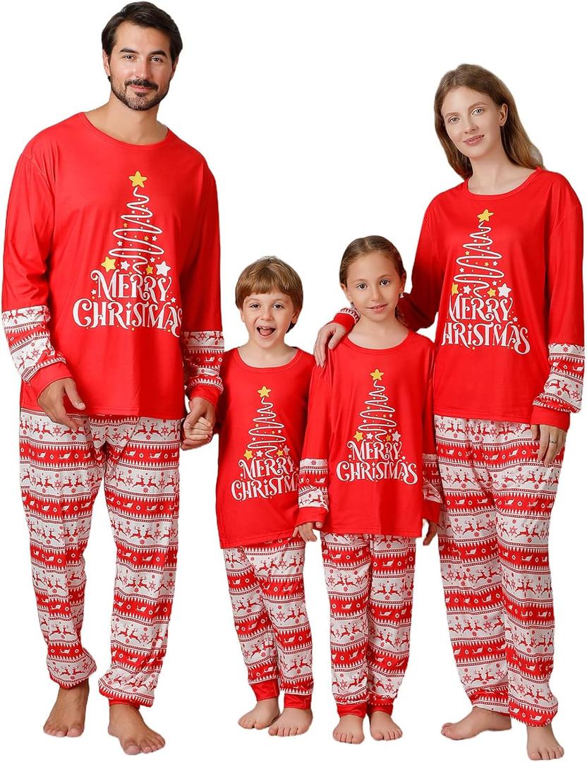 ANGELGGH Family Christmas PJs Matching Sets, Cute Holiday Pajamas Printed Top and Pants, Xmas Jammies for Couples/Men/Women (Women, S, Red Merry Star)