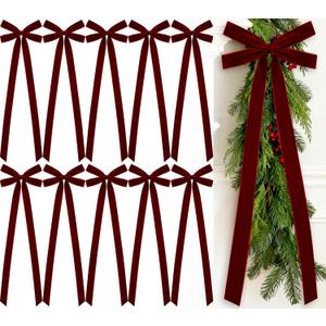 10 Pcs Burgundy Velvet Bows Large 22x8 Inch Pre-Tied Christmas Velvet Bows Christmas Tree Ornaments Vintage Holiday Decor for Xmas Tree Wreath Garland Banister Staircase Fireplace Door
