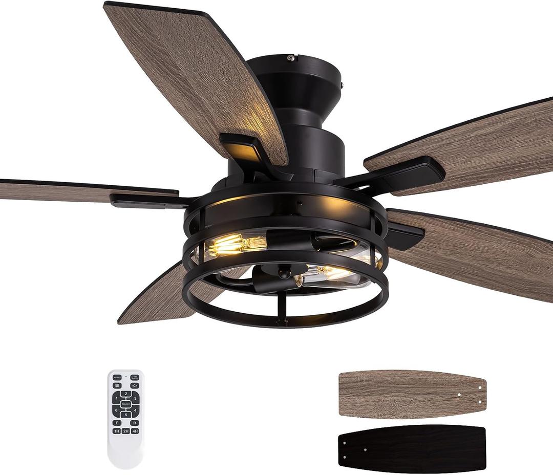 46 Inch Ceiling Fans with Lights and Remote Control, Flush Mount Black Ceiling Fan with Light, Industrial Retro Style, Indoor for Bedroom Living Room 8837X, Small