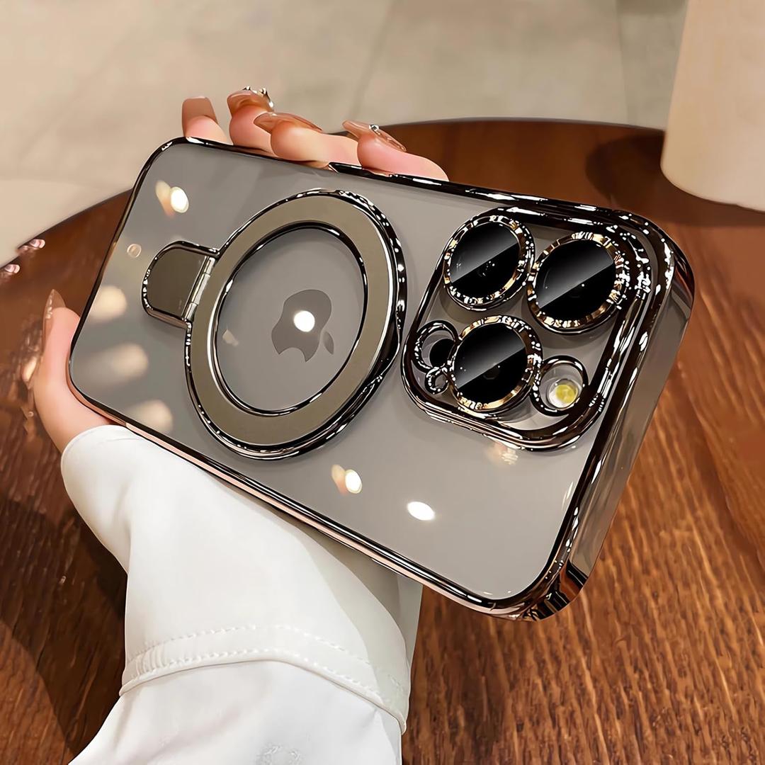 LXK Magnetic Invisible Stand for iPhone 15 Pro Max Case 6.7" Compatible with MagSafe, Military-Grade Protection, with Camera Protector, Clear Scratch-Resistant Cover for 15 ProMax,Natural Titanium