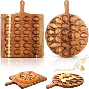 Wooden Deviled Egg Platter Set for 49 Eggs Round and Rectangle Trays with Deviled Egg Piping Tool Kit for Family Gathering Christmas Hosting Essentials, Acacia Wood Charcuterie Boards