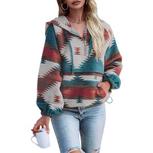 Fessceruna Womens Aztec Half Zip Up Hoodies Sweatshirt Casual Long Sleeve Oversized Ethnic Tribal Hooded Pullover Shirt Top (Medium, Blue)