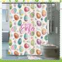 Teenyyou 4 Pcs Happy Easter Shower Curtains Set with Non Slip Rug Funny Rabbit Colorful Eggs Flower Bathroom Decor Toilet Lid Cover and Bath Mat Easter Eggs Shower Curtain with 12 Hooks