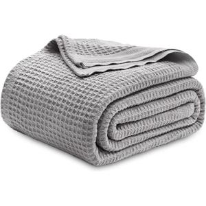 Bedsure Gentlesoft 100% Cotton Blanket Queen Size for Bed - Breathable and Soft for Spring Summer, Thick Cozy Waffle Weave Blanket Gifts for Women, Grey, 90x90 Inches