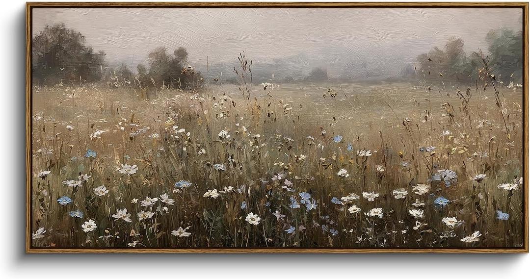 InSimSea Extra Large Framed Vintage Wall Art, Living Room Country Farmhouse Decor, Spring Wildflower Field Landscape Canvas Prints, Retro Scenery Long Pictures for Bedroom Above of Bed, 20x40inch