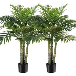 AnTing 4FT Artificial Golden Cane Palm Tree 15Leaves Faux Triple Tropical Palm Plants with Pot for Gift Home Office Decor Green (Set of 2)