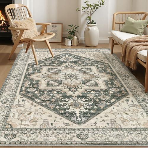 Area Rug for Living Room - 7x9 Washable Oriental Vintage Floral Large Soft Carpet - Fade Stain Resistant Non Slip Rugs for Bedroom Dining Room Nursery Dorm Office Home Decor - Vintage Green