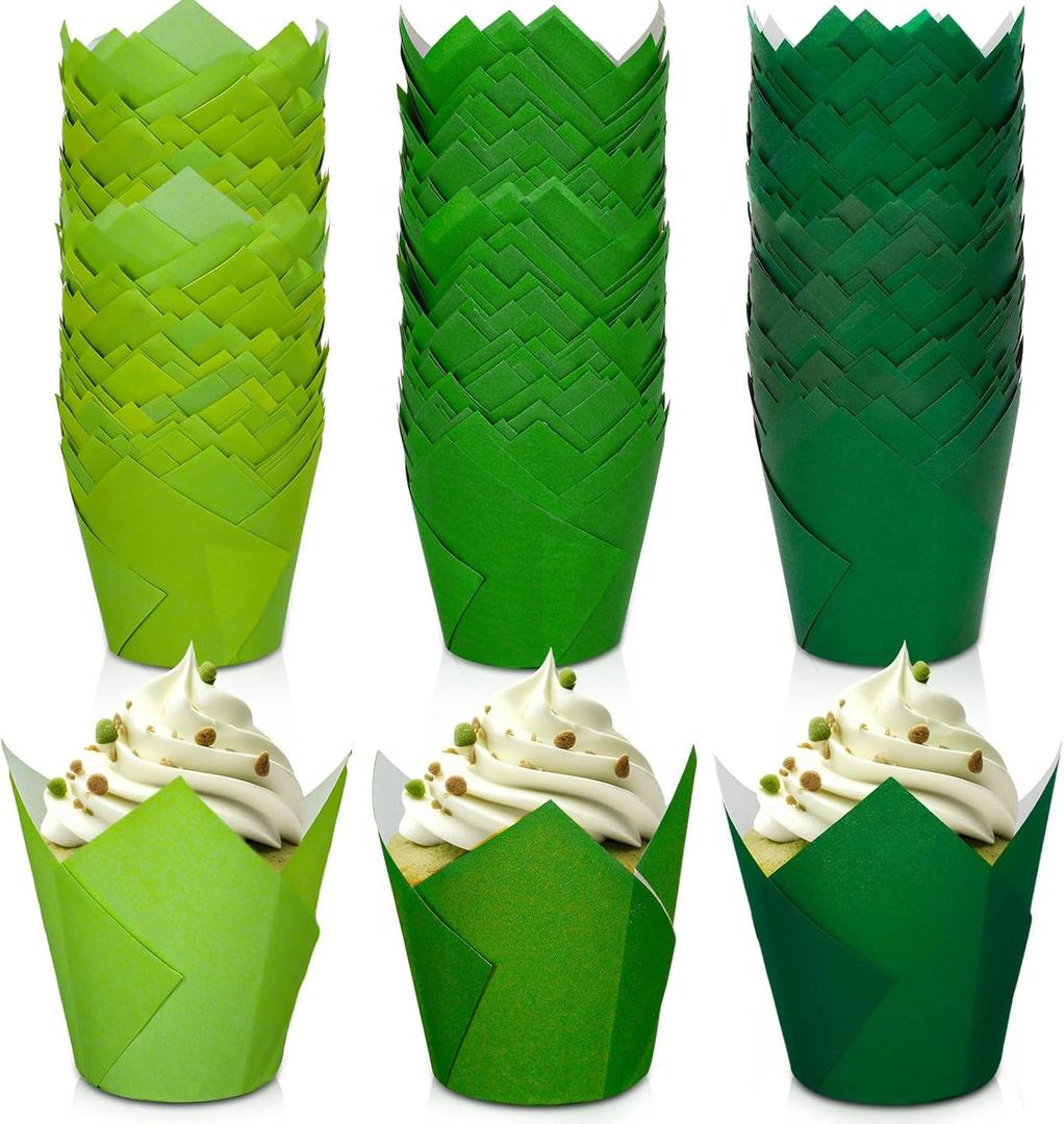 Whaline 180Pcs Green Tulip Cupcake Liners Gradient Green Tulip Muffin Baking Cups Greaseproof Cupcake Wrappers for Spring Wedding Irish Holiday Bridal Baby Shower Party Supplies