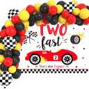 HOUSE OF PARTY Race Car Balloon Garland - 110 Pcs | Two Fast Birthday Decorations with Red Black White Yellow & Checkered Balloons with VROOM! Banner for Cars Party Decorations