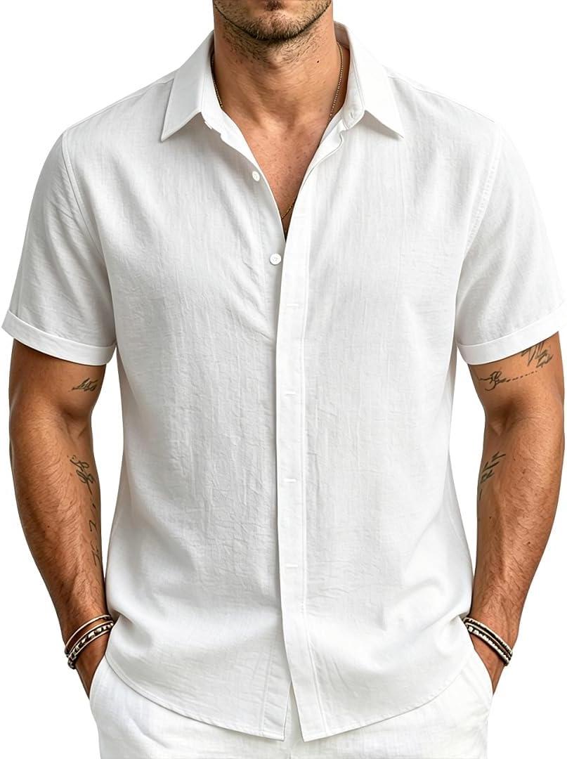 Men's Cotton Linen Casual Shirts Short Sleeve Shirts Button Down Shirt for Men Beach Summer Beach Wedding Shirt (Large, White)