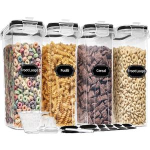 PRAKI Cereal Containers Storage Set (4L,135.2 Oz), 4PCS Airtight Food Storage Containers with Pour Spout for Kitchen & Pantry Organization Cereal Dispensers with 20 labels, Measuring Cup & Marker