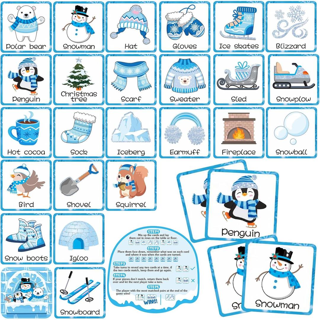 Containlol 48 Pcs Winter Memory Matching Games Winter Matching Cards Holiday Memory Game Concentration Cards for Christmas Educational Gifts Family School Supplies