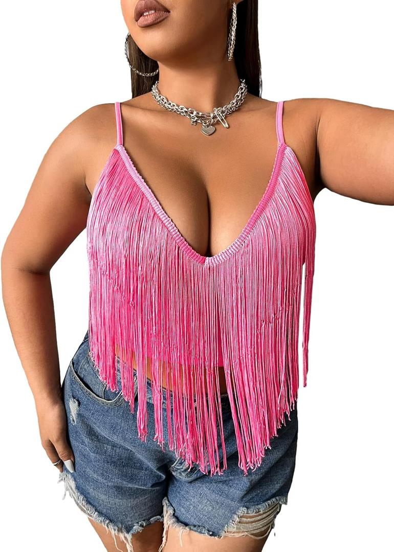 WDIRARA Women's Plus Size V Neck Fringe Trim Spaghetti Strap Club Crop Cami Top (4X-Large Plus, Pink)