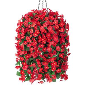 Artificial Fake Red Hanging Flowers Plants Basket for Outdoor Outside Winter Christmas Decor, Faux Silk Look Real UV Resistant Orchid for Fall Porch Garden Yard Patio Home