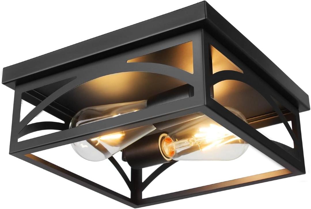 Black Square Flush Mount Ceiling Light, Farmhouse Ceiling Light Fixture for Hallway Porch Kitchen, 2-Light Outdoor Porch Ceiling Light, 1 Pack, 10 Inch, E26 Base(Bulbs Not Included)