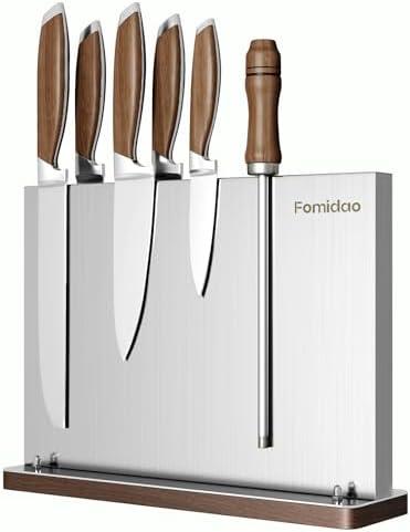 Magnetic Knife Block,Stainless Steel Magnetic Knife Holder Rack for Kitchen Counter,Strong Double Sided Magnet Knife Storage Stand with Wood Base