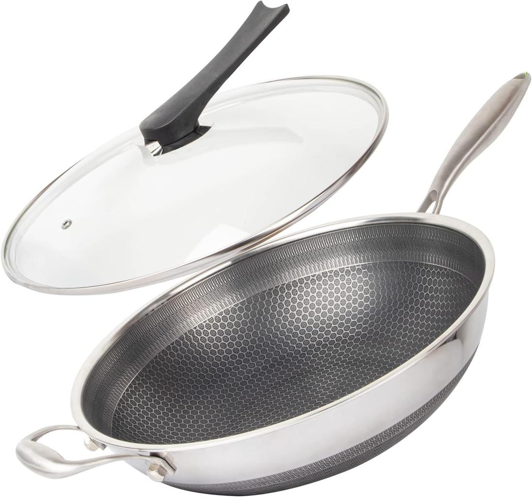 14" Honeycomb Non Stick Wok Pan Stainless Steel Stir-fry Wok with Lid,Skillet with Stay-cool Handle PFOA Free Suitable for Induction, Ceramic, Electric, and Gas Cooktops (Sliver, 14 Inches) (Silver)