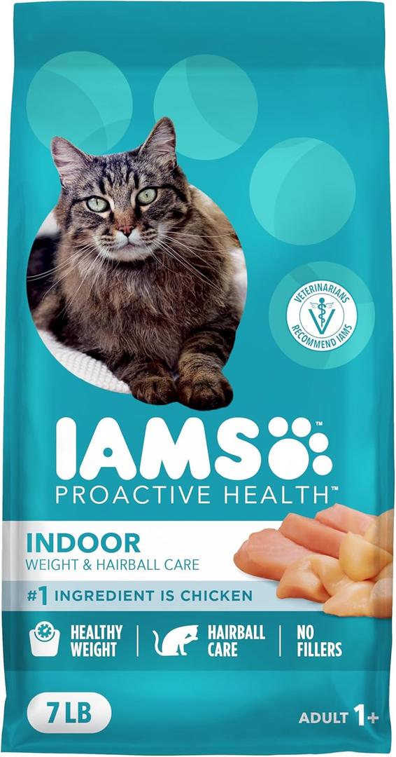 IAMS Proactive Health Dry Cat Food, Indoor Weight and Hairball Care Cat Food Dry Recipe, with Real Chicken in Every Bite, 7 lb. Bag (7 Pound (Pack of 1)), BBD: MAY 23/2027