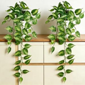 Fake Pothos Hanging Plants with Pots, 33.5" Set of 2 Faux Ivy Vines, Realistic Silk Artificial Plants Greenery for Home Indoor Decor, Living Room, Desk Shelf, Bathroom Decoration