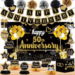 Happy 50th Anniversary Decorations - 22PCS Party Supplies Including Banner Backdrop, Card, 6 Honeycomb Topper, 6 Paper Poms, 7 Hanging Swirl