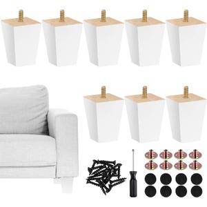 TURSTIN Set of 8 Wood Furniture Legs 3 Inch Square Solid Wood Sofa Legs with M8 T-Nuts Natural Wooden Couch Leg Replacement Legs for Furniture Armchair Bed Dresser Cabinet or DIY Projects, White