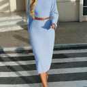 Saodimallsu Womens Long Sleeve Midi Sweater Dress Crew Neck Swiss Dot Soft Knit Casual Fall Trendy Maxi Dresses (Large, Light Blue)