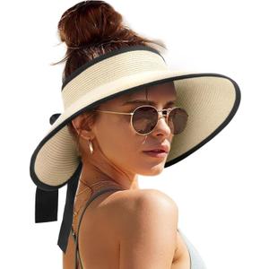 Camptrace Sun Visors for Women Wide Brim Beach Hat Foldable Straw Visor Hat Ponytail Summer Packable UPF 80+ (One Size, Beige)