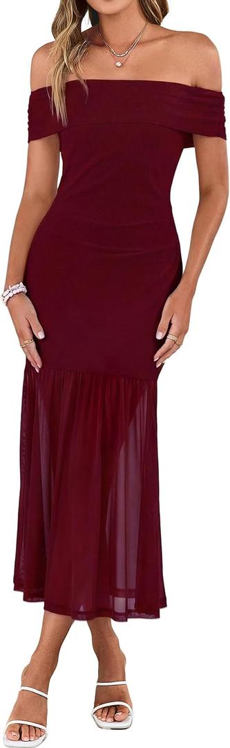 Simplee Womens Summer Off Shoulder Maxi Dress 2026 Ruched Bodycon Flowy Tulle Formal Cocktail Wedding Guest Long Dresses, Small