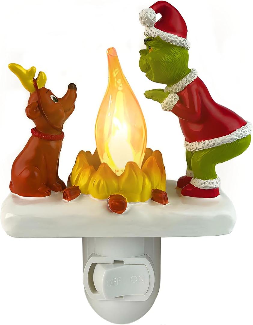 2025 Christmas Night Light, Christmas Green Monster Campfire Nightlight, Eve Campfire Flickering Night Light Gifts for Family, Plug-in