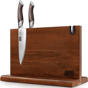 Magnetic Knife Block 14 x 10 Inches, Double Sided Magnetic Knife Holder Rack for Kitchen Counter, Acacia Wood Magnetic Knife Storage Stand with Knife Sharpener (14*10*4.5 inch)