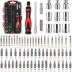 Amazon Basics Magnetic Ratcheting Wrench and Electronics Precision Screwdriver Tool Set, 73-Piece, with Carry Case for Household Repair, Small Jobs, Eyeglasses, Black/Red/Silver