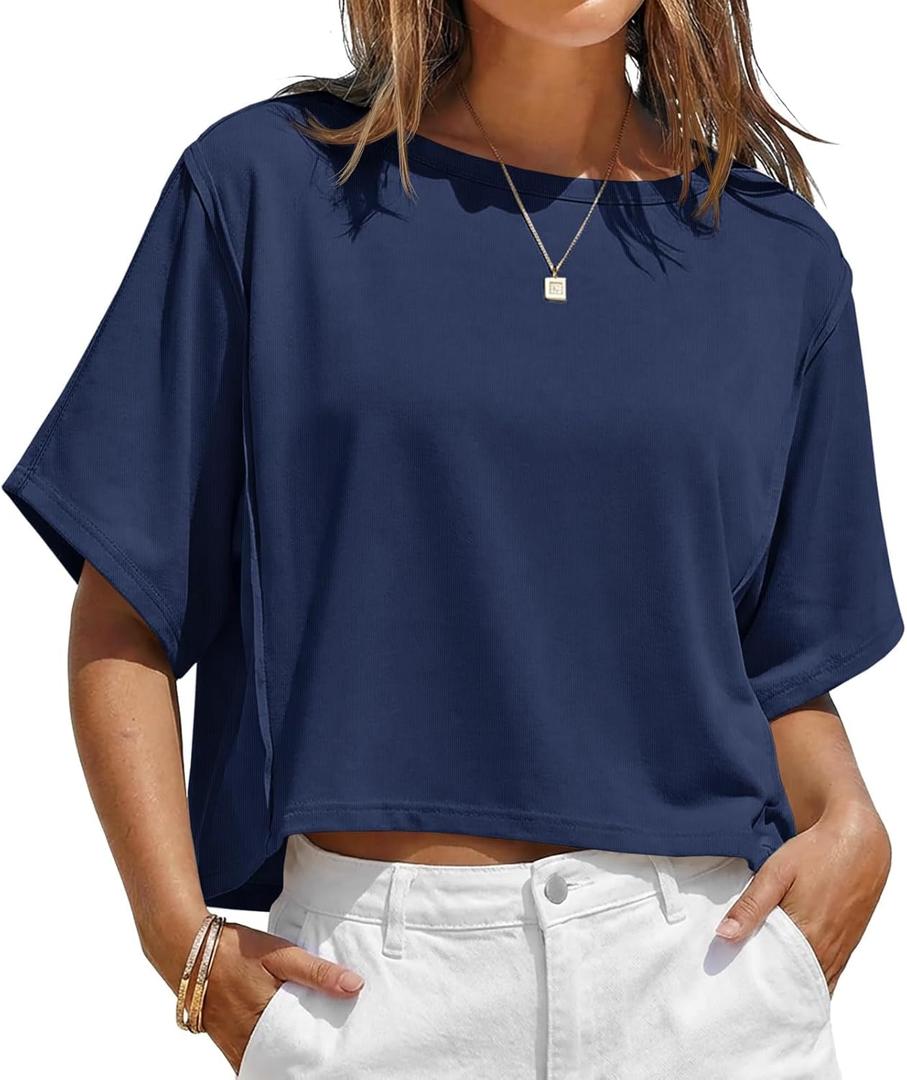Fisoew Womens Oversized Crop Tops Summer Short Sleeve Crewneck T Shirts Casual Loose Basic Tee Workout Shirts, Large
