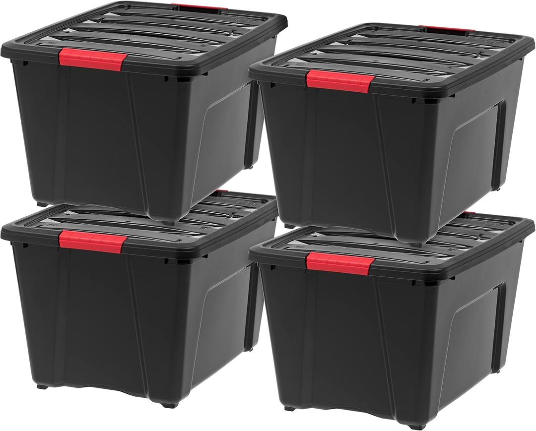 IRIS USA 51 L (54 QT) Plastic Storage Box with Lid and Latches - 4 Pack - BPA-Free, Garage Organizing Solution, Durable Nestable Stackable Containers, Secure Pull Handle - Black