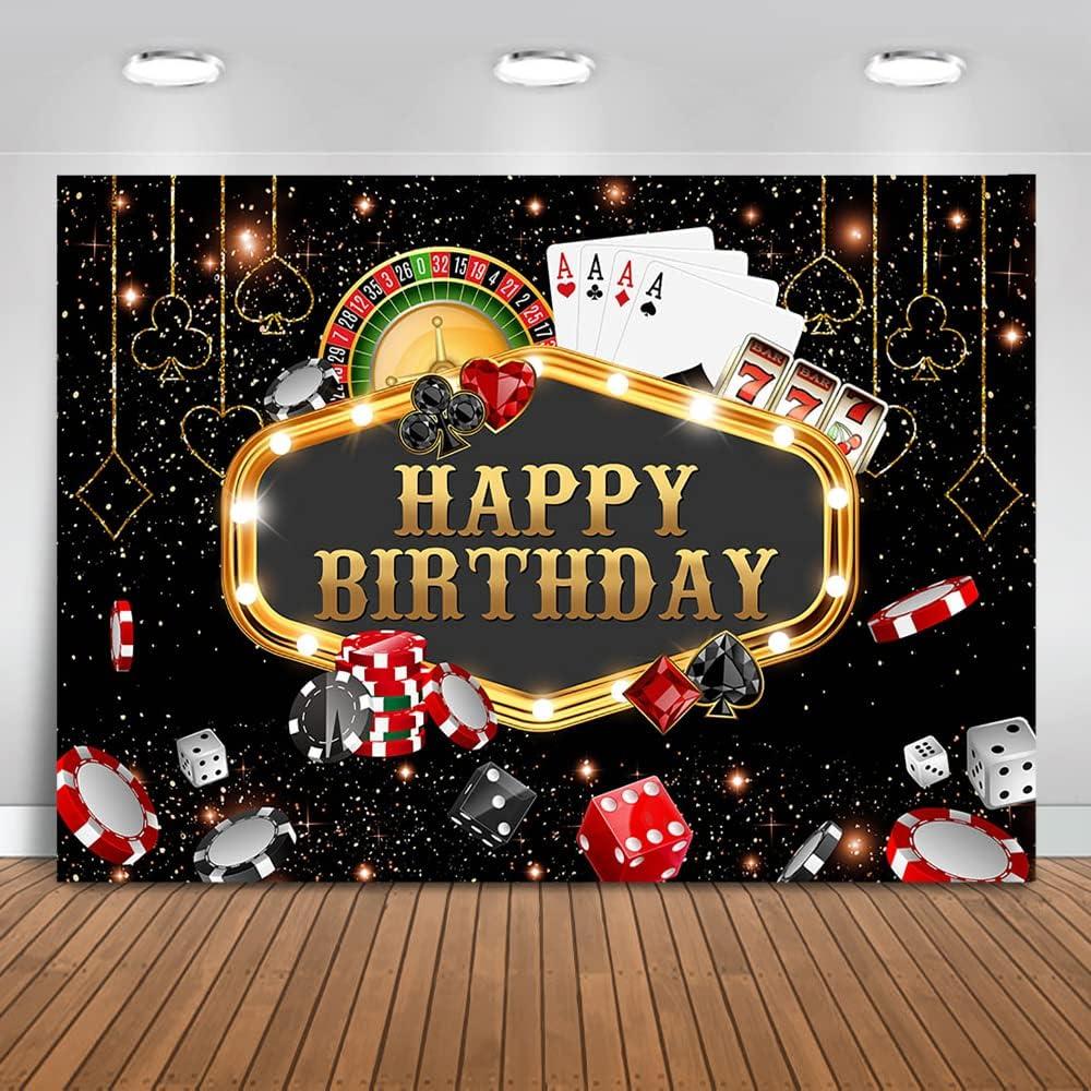 Mocsicka Casino Birthday Backdrop Casino Night Poker Dice Background Las Vegas Gold Glitter Happy Birthday Party Decorations Photo Studio Props (7x5ft)