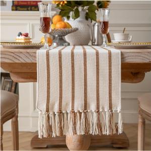 Caflife Boho Table Runner 108" Long Brown and Beige, Cotton and Linen Woven with Tassels, for Modern Rustic Farmhouse Neutral Table Runners, Bohemian Kitchen Dining Table Home Decor
