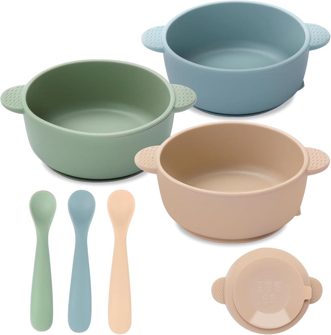 Eascrozn Baby Bowls with Suction and Baby Spoons Set of 3, Silicone Stay Put Bowls and Feeding Spoons for Babies Toddlers Kids, BPA Free,Microwave and Dishwasher Safe (Blue)