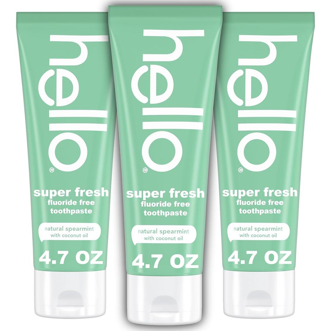 Hello Super Fresh Fluoride Free Toothpaste, Toothpaste for Bad Breath, Helps Remove Surface Stains, Natural Spearmint, 3 Pack, 4.7 Oz Tubes