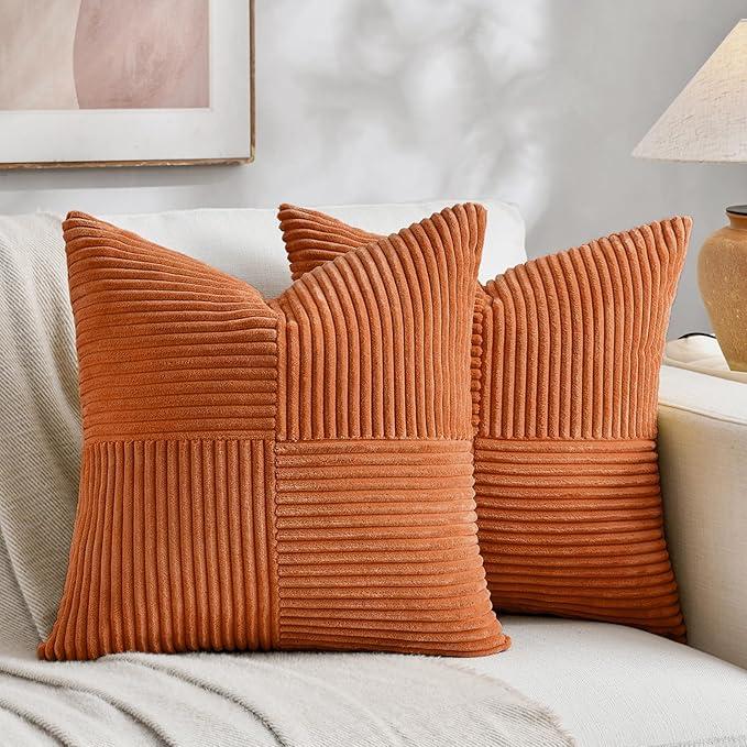 Fancy Homi 2 Packs Orange Decorative Throw Pillow Covers 18x18 Inch for Living Room Couch Bed Sofa, Rustic Farmhouse Boho Home Decor, Soft Corss Corduroy Patchwork Textured Square Cushion Case 45x45 cm