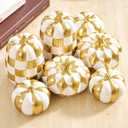 WDS WONDROUS 7PCS Fall Pumpkin Decor Thanksgiving, White and Gold Checkered Pumpkin Decorations for Home, Modern Fake Pumpkins for Farmhouse & Front Porch Decor, Dining Table Centerpiece