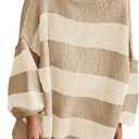 Saodimallsu Womens Oversized Striped Sweater Mock Neck Chunky Knit Lantern Long Sleeve Fall Trendy Tunic Sweaters Top (Medium, Light Khaki)