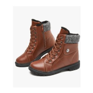 FRACORA Women's PU Leather Combat Boots Warm Fur Lined Black Ankle Booties Side Zipper White Boots Non-slip Winter Boots