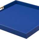 24x24 Inches Extra Large Blue Faux Leather Wrapped Wood Ottoman Tray with Golden Handles for Serving Food and Breakfast On Bed, Square Coffee Table Organizer, Home Decor and Decorative