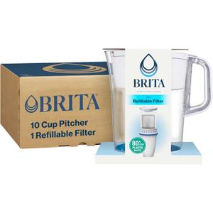 Brita Refillable Water Filtration System with Large 10 Cup Pitcher, Tahoe, White, and 1 Refillable Filter