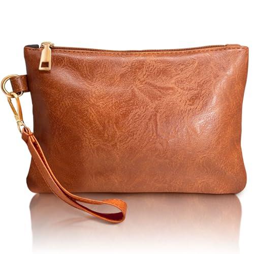 K.E.J. Wallet Women Clutch Purses for Women Brown Wristlet with Wrist Strap Clutch Bag Wristlet Handbags Wallet for Women's Ladies Christmas Gifts