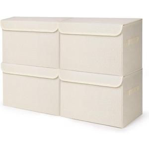 Large 22 Quart [4-Pack] Linen Fabric Foldable Storage Bin Cube Organizer Basket with Flip-Top Lid & Handles, Clothes Blanket Box for Home, Office, Closet (14.6 x 9.5 x 9.5, Beige) (Medium - 4 Pack, Beige)