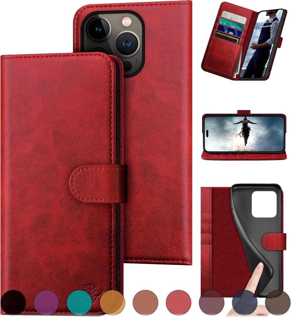 Compatible with iPhone 16 Pro Max 6.9" Genuine Leather Wallet caseRFID Blocking4 Credit Card HolderReal Leather Flip Folio Book Phone case Cover Women Men for Apple 16 ProMax case Red