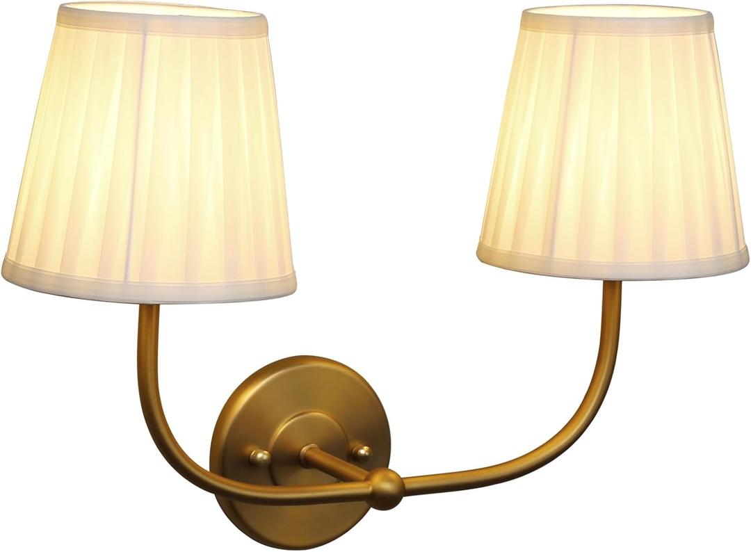PERMO Vintage Sconce Gold 2 Lights Wall Sconces with Pleated Beige Stripe Fabric Shades Antique Bathroom Double Sconces Hardwired for Farmhouse Bedroom Hallway