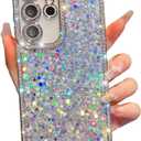 BANAILOA Glitter Sparkle Compatible with Samsung Galaxy S24 Ultra Case Rectangle Edge with Luxury Bling Rhinestones Camera Cover Protective Case for S24 Ultra - 6.8 inch (Sliver Flash)